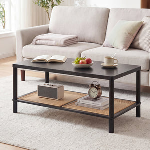 2-Tier Boho Coffee Table for Living Room Rectangular Center Table with Rubber Wood Frame and PVC Rattan Storage Shelf-Black view 6