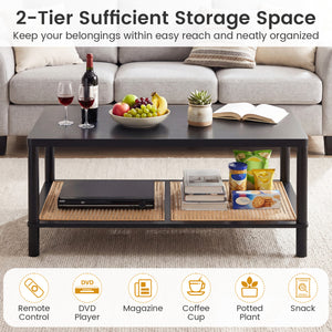 2-Tier Boho Coffee Table for Living Room Rectangular Center Table with Rubber Wood Frame and PVC Rattan Storage Shelf-Black view 7