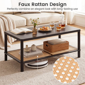 2-Tier Boho Coffee Table for Living Room Rectangular Center Table with Rubber Wood Frame and PVC Rattan Storage Shelf-Black view 8