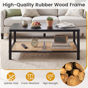 2-Tier Boho Coffee Table for Living Room Rectangular Center Table with Rubber Wood Frame and PVC Rattan Storage Shelf-Black view 9