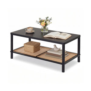 2-Tier Boho Coffee Table for Living Room Rectangular Center Table with Rubber Wood Frame and PVC Rattan Storage Shelf-Black