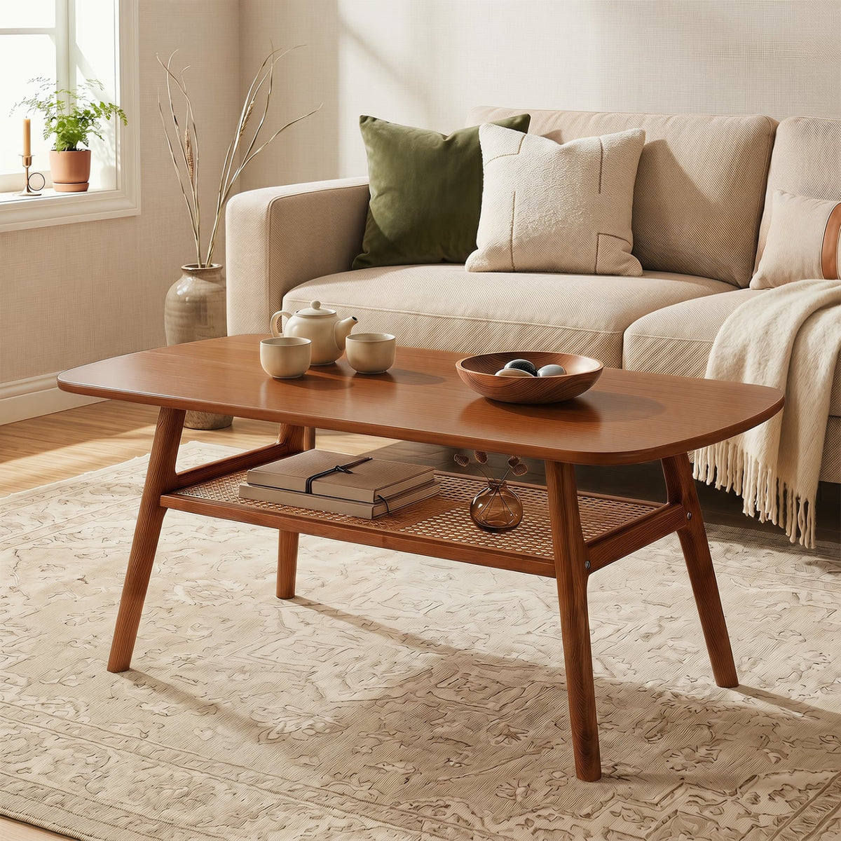 2-Tier Boho Rattan Coffee Table with Rounded Corners-Walnut view 2