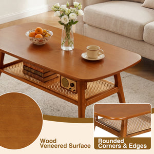 2-Tier Boho Rattan Coffee Table with Rounded Corners-Walnut view 8