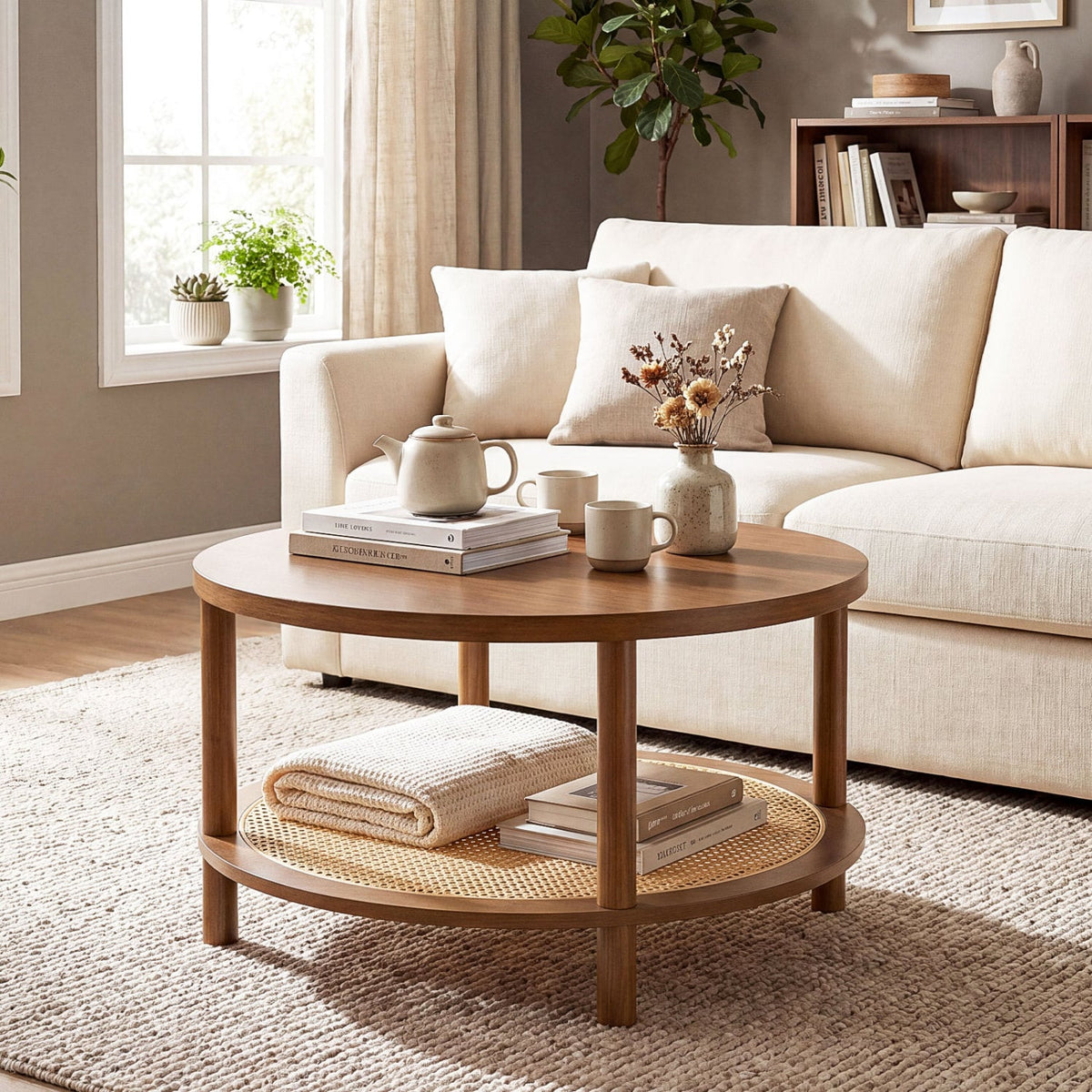2-Tier Boho Round Rattan Coffee Table with Storage Shelf-Walnut view 2