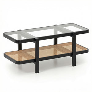 2-Tier Coffee Table with Storage and Tempered Glass Tabletop-Black