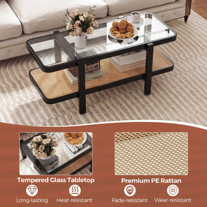 2-Tier Coffee Table with Storage and Tempered Glass Tabletop-Black view 8