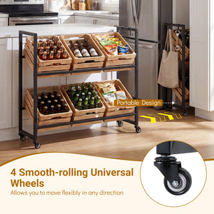2-Tier Drink Crate Rack with 4 Universal Wheels for Beer and Water Kitchen and Bar-Black view 6