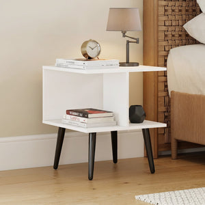 2-Tier Mid Century Modern End Table with 2 Compartments and Metal Legs-White view 3