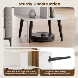 2-Tier Mid Century Modern End Table with 2 Compartments and Metal Legs-White view 6