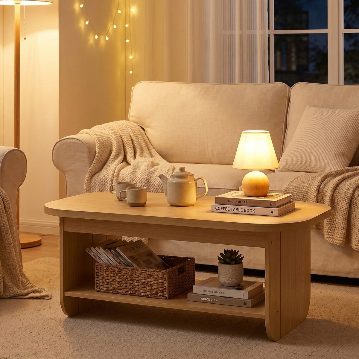 2-Tier Oval Coffee Table for Living Room Mid Century Center Table with Bottom Storage Shelf-Natural view 2