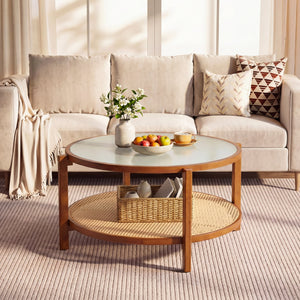 2-Tier Rattan Coffee Table with Frosted Tempered Glass Top and Wood Legs-Walnut view 9