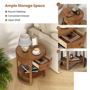 2-Tier Round End Table Mid Century Modern Nightstand Set of 2-Oak view 7
