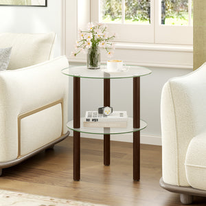 2-Tier Round End Table with Clear Tempered Glass Top and Shelf-Brown view 2