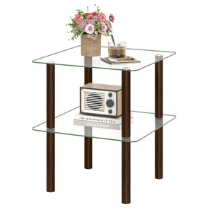 2-Tier Square End Table with Shelf and Clear Tempered Glass Top-Brown view 4