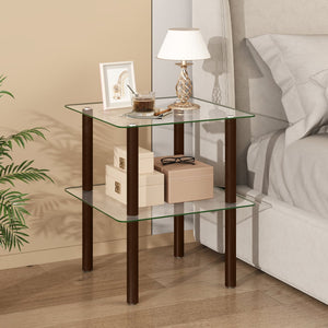 2-Tier Square End Table with Shelf and Clear Tempered Glass Top-Brown view 3