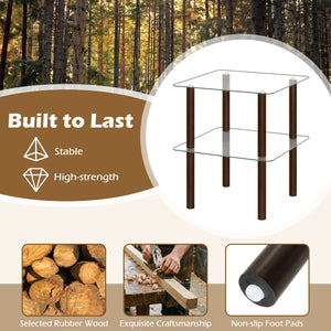 2-Tier Square End Table with Shelf and Clear Tempered Glass Top-Brown view 7