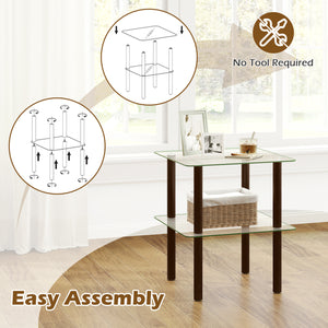 2-Tier Square End Table with Shelf and Clear Tempered Glass Top-Brown view 9