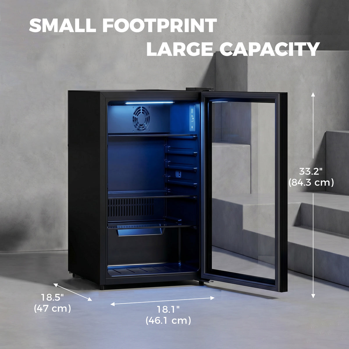 3.2 Cu.Ft Beverage Fridge, 128 Can Drink Fridge with Glass Door, Auto-Defrost and LED Light for Soda, Beer, Black