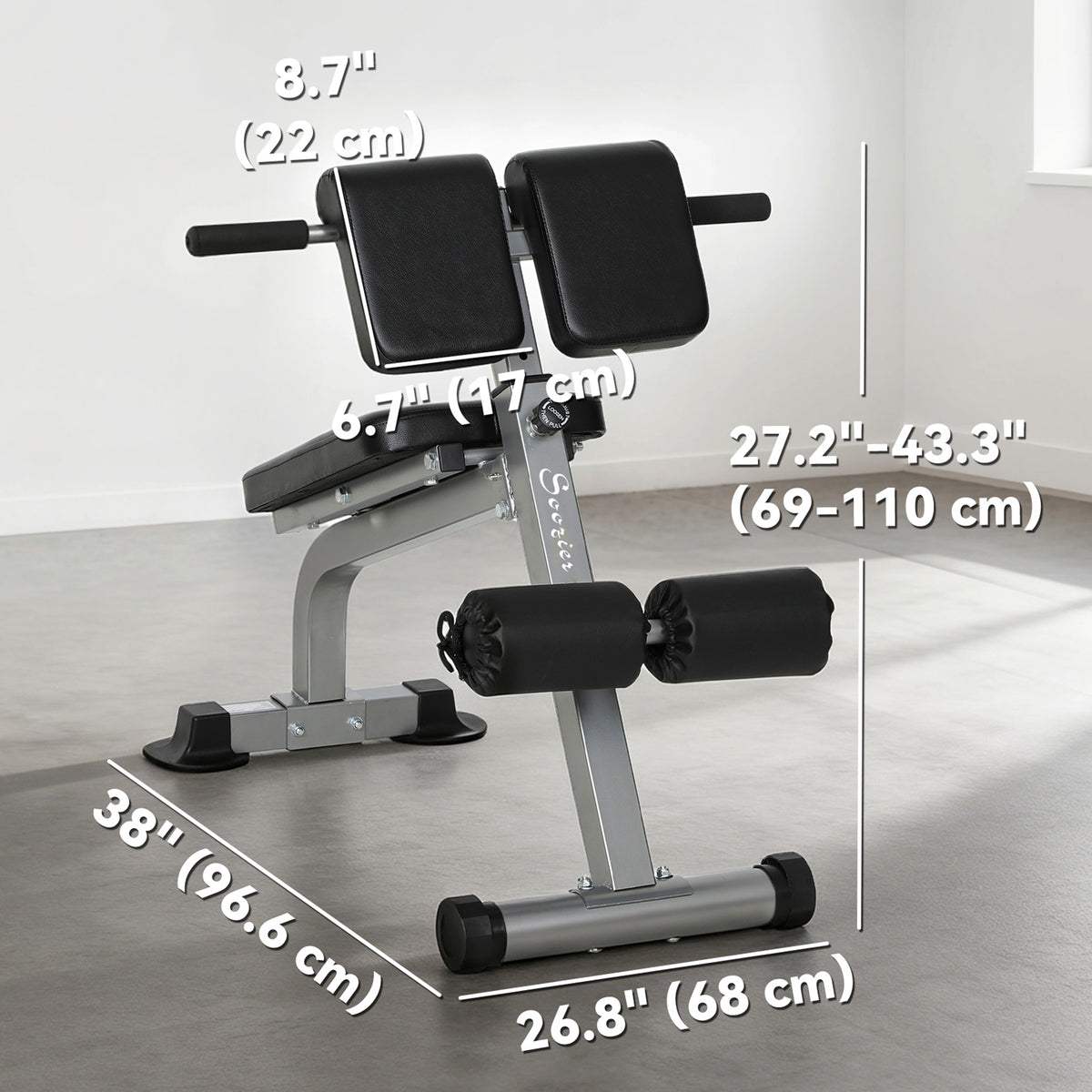 Soozier Roman Chair Back Extension Machine, Height Adjustable Hyperextension Bench, 38" x 26.8" x 27.2–43.3", Silver Tone