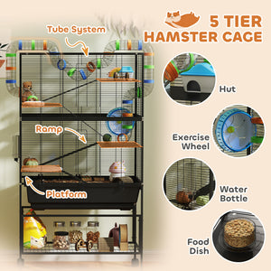 3 Tier Rolling Hamster Cage with 7" Deep Tray, Storage Shelf, Big Exercise Wheel, Tube System, for Syrian, Gerbil, Rat