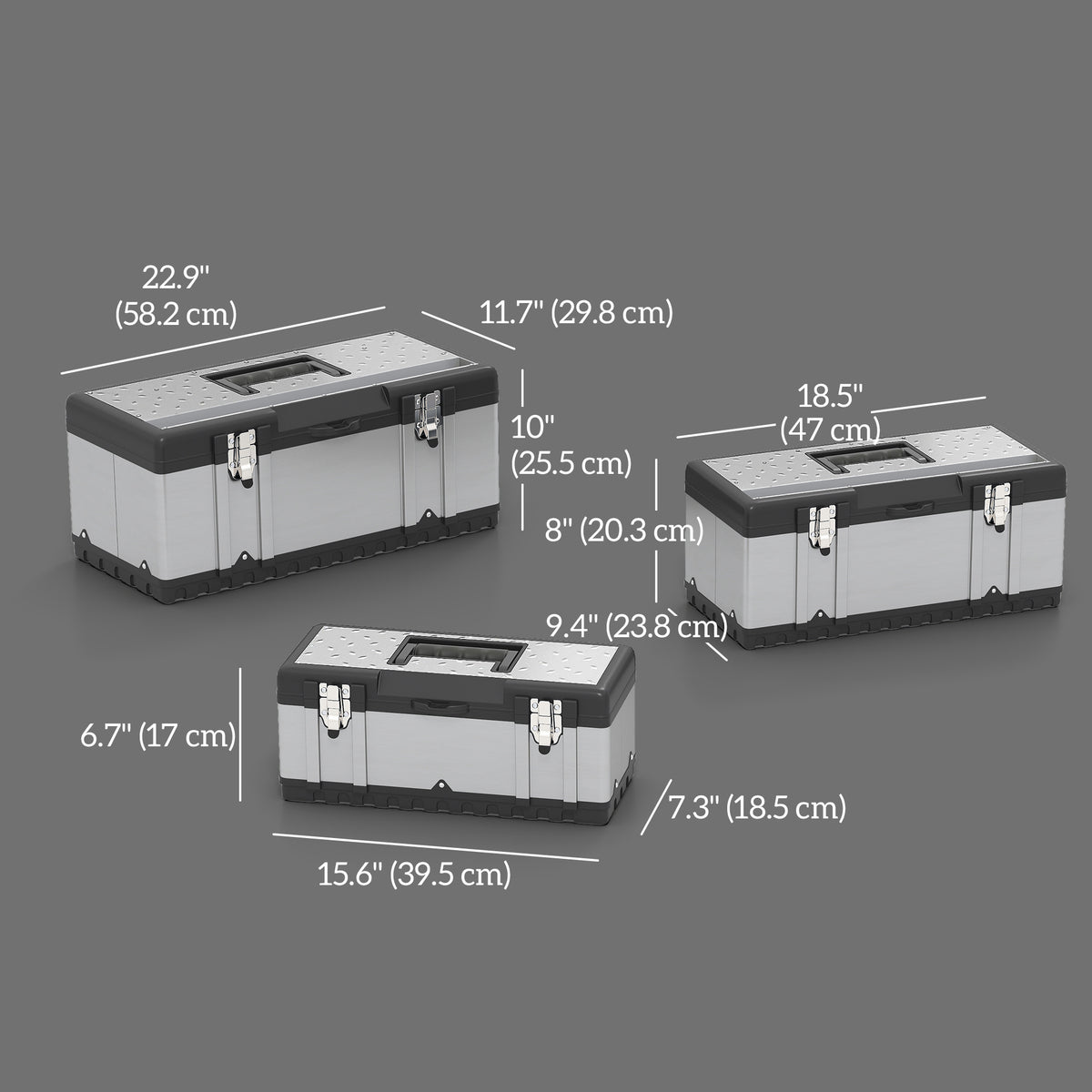 3 Pieces Tool Box Set, Stainless Steel Toolbox with Tray, Handles, Latches, Tool Case for Workshop, Garage