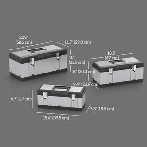 3 Pieces Tool Box Set, Stainless Steel Toolbox with Tray, Handles, Latches, Tool Case for Workshop, Garage