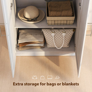 Wardrobe Cabinet with Hanging Rod, Anti-Tipping and 2 Barn Doors, Farmhouse Wardrobe Closet for Bedroom, White Wood Effect