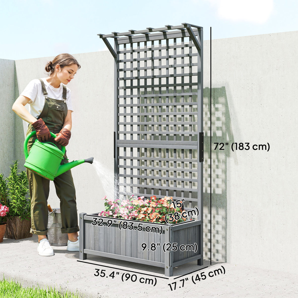 Wood Planter with Trellis for Vine Climbing, Raised Garden Bed, Privacy Screen for Backyard, Patio, Deck, Dark Grey