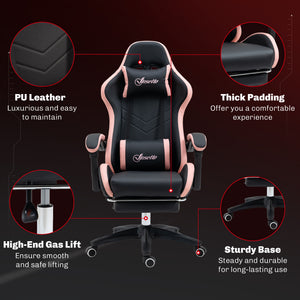 Computer Gaming Chair, PU Leather Office Desk Chair with Footrest, Swivel Wheels, 135° Reclining Back, Black – view 6