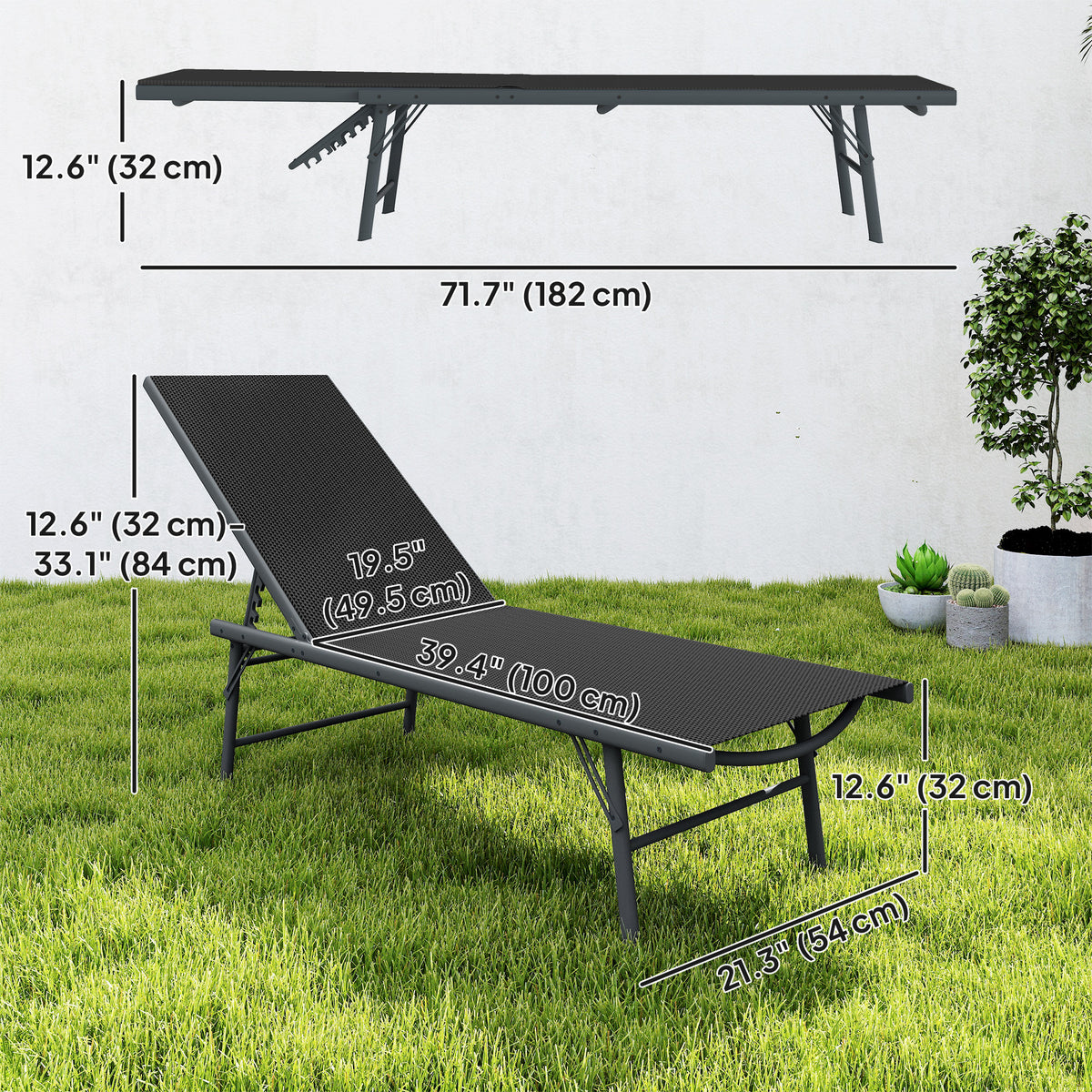 2 Pieces Folding Outdoor Lounge Chairs, Reclining Chaise Lounge Tanning Chair w/ Adjustable Back, Mesh Seat, Black