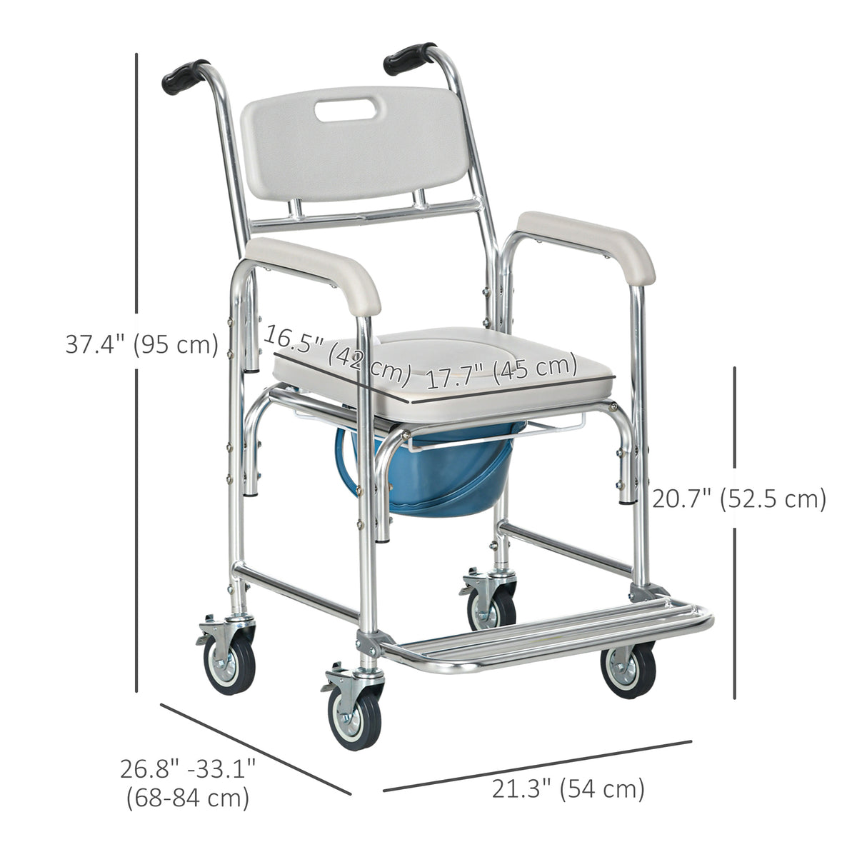 3-in-1 Shower Commode Wheelchair, Transport Beside Commode Chair with Padded Seat for the Elderly, Disabled