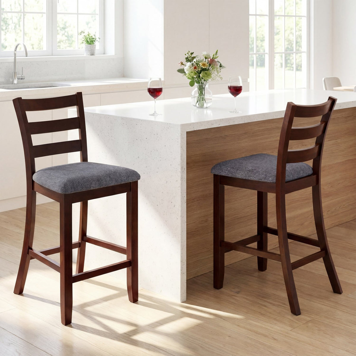 2 Pieces Counter Height Chairs with Fabric Seat and Rubber Wood Legs view 2