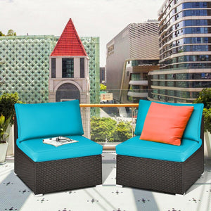 2 Pieces Patio Rattan Armless Sofa Set with 2 Cushions and 2 Pillows-Blue view 2