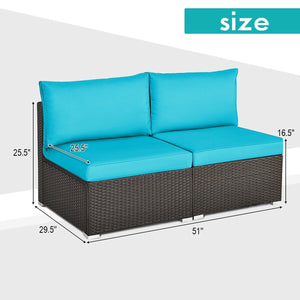 2 Pieces Patio Rattan Armless Sofa Set with 2 Cushions and 2 Pillows-Blue view 4