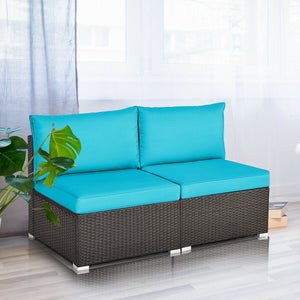 2 Pieces Patio Rattan Armless Sofa Set with 2 Cushions and 2 Pillows-Blue view 7
