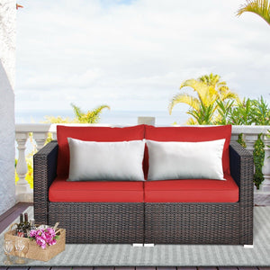 2 Pieces Patio Rattan Sectional Conversation Sofa Set-Red view 2