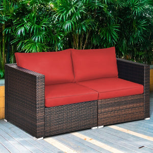 2 Pieces Patio Rattan Sectional Conversation Sofa Set-Red view 3