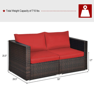 2 Pieces Patio Rattan Sectional Conversation Sofa Set-Red view 5