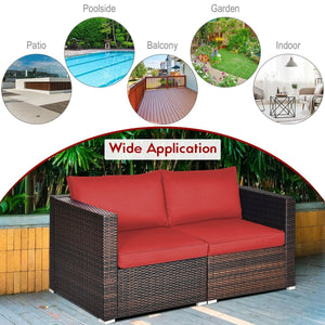 2 Pieces Patio Rattan Sectional Conversation Sofa Set-Red view 7