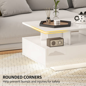 Coffee Table with RGB LED Lights, Modern Living Room Table with 4 Drawers, Open Shelf, Remote Control, High Gloss White