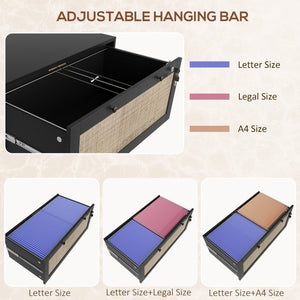 2-Drawer Filing Cabinet with Lock, Rattan File Cabinet with Adjustable Hanging Bar, Natural – view 11