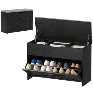 Shoe Storage Bench with Flip Drawer and Lift Top Storage, Entryway Bench with Seat Cushion for Hallway