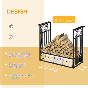 29.5" x 11.75" x 23.5" Heavy Duty Firewood Wood Log Rack Vintage Design Firewood Storage Shelf w/ 4 Tools, Black