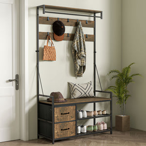 6-In-1 Hall Tree with Shoe Storage, Coat Rack Shoe Storage with 10 Hooks, 2 Fabric Drawers, Rustic Brown
