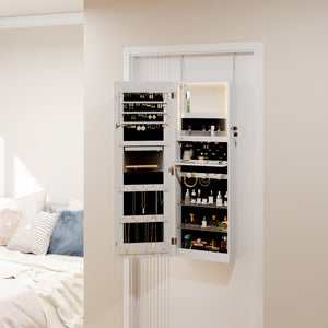 LED Lighted Jewelry Armoire with Mirror Jewelry Cabinet with Storage Lockable Door/Wall Mounted Jewelry Organizer, White