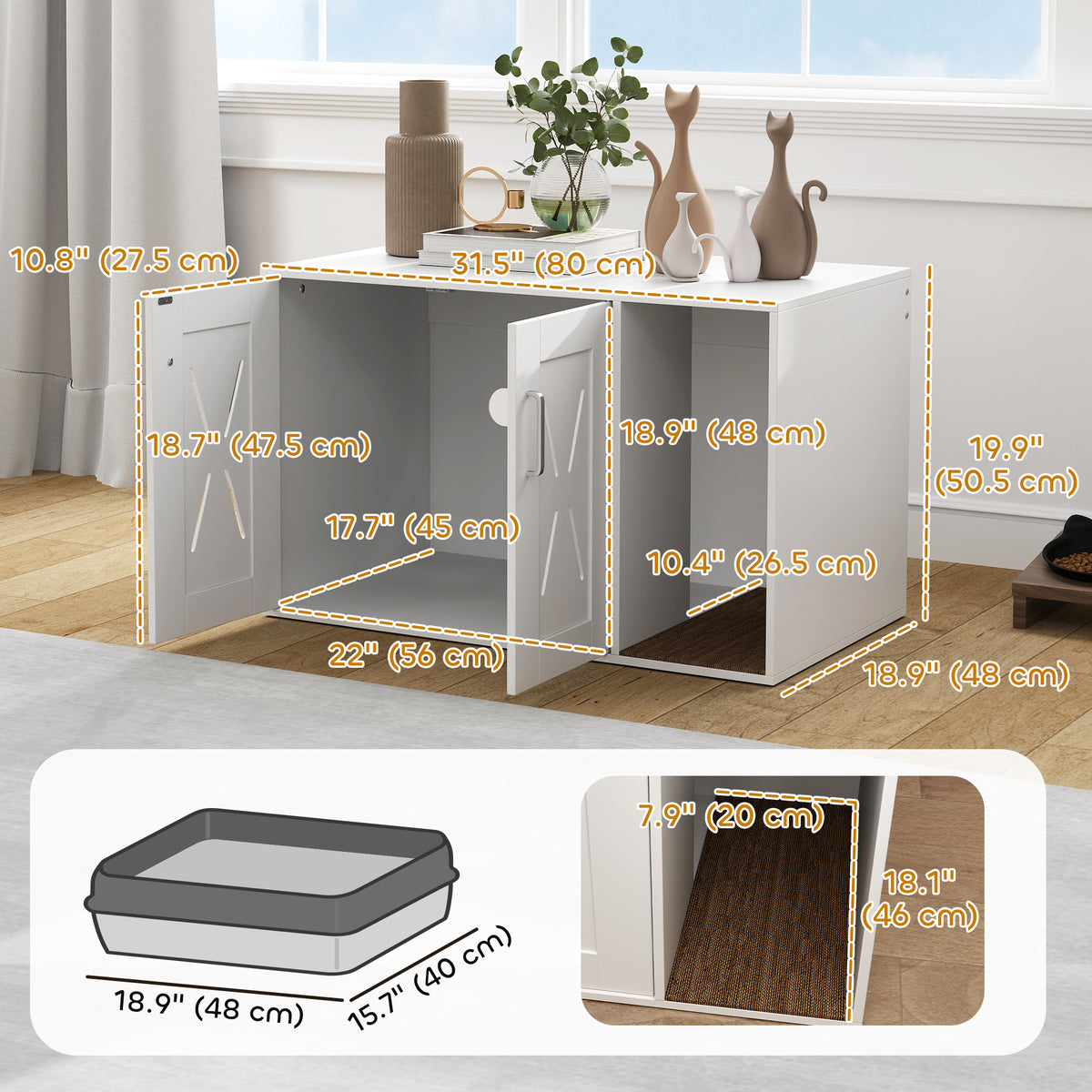 Cat Litter Box Enclosure, Hidden Cat Litter Box Furniture with Scratching Board, 31.5" x 19" x 20", White