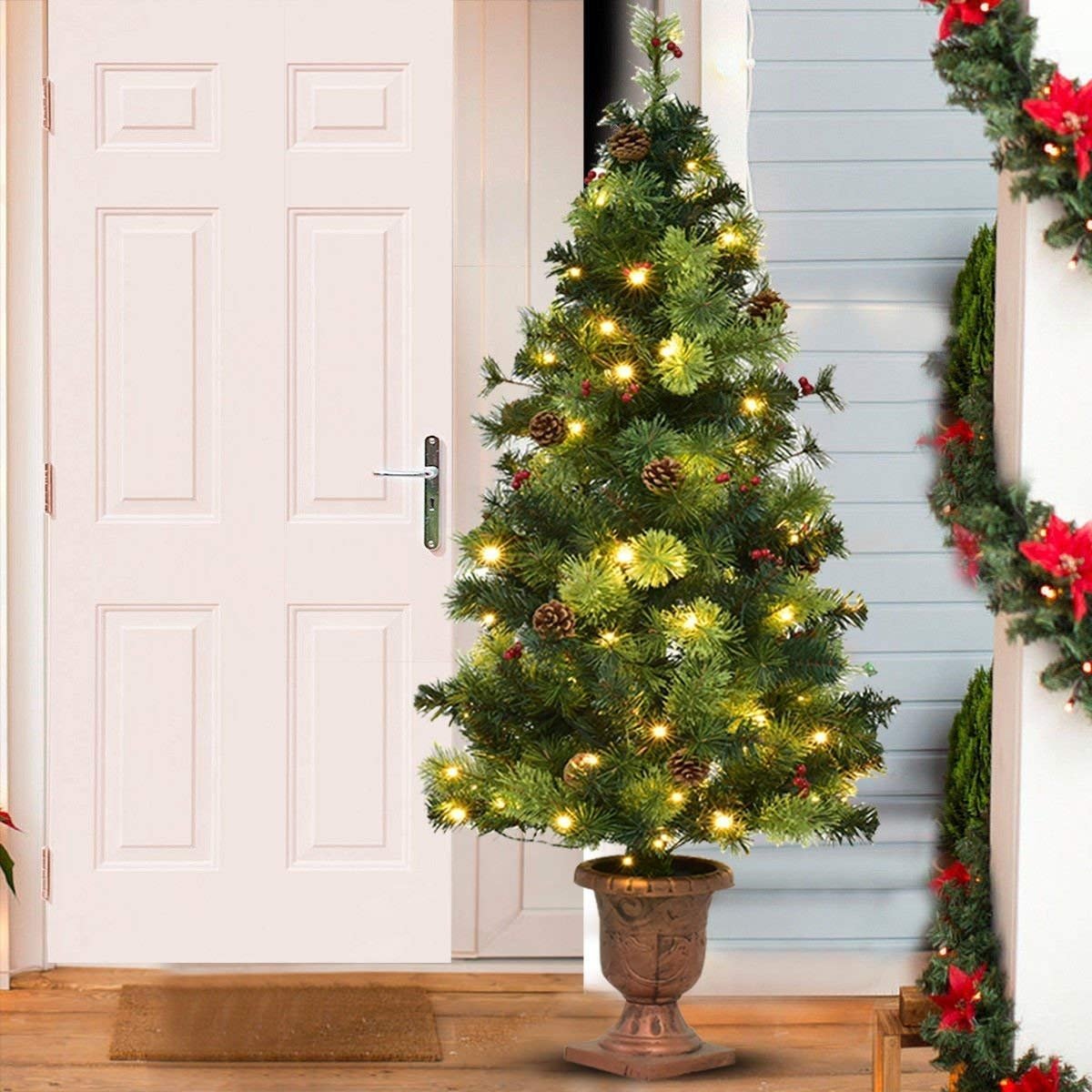 3'/4'/5' LED Christmas Entrance Tree w/ Red Berries Pine Cones-4' view 2