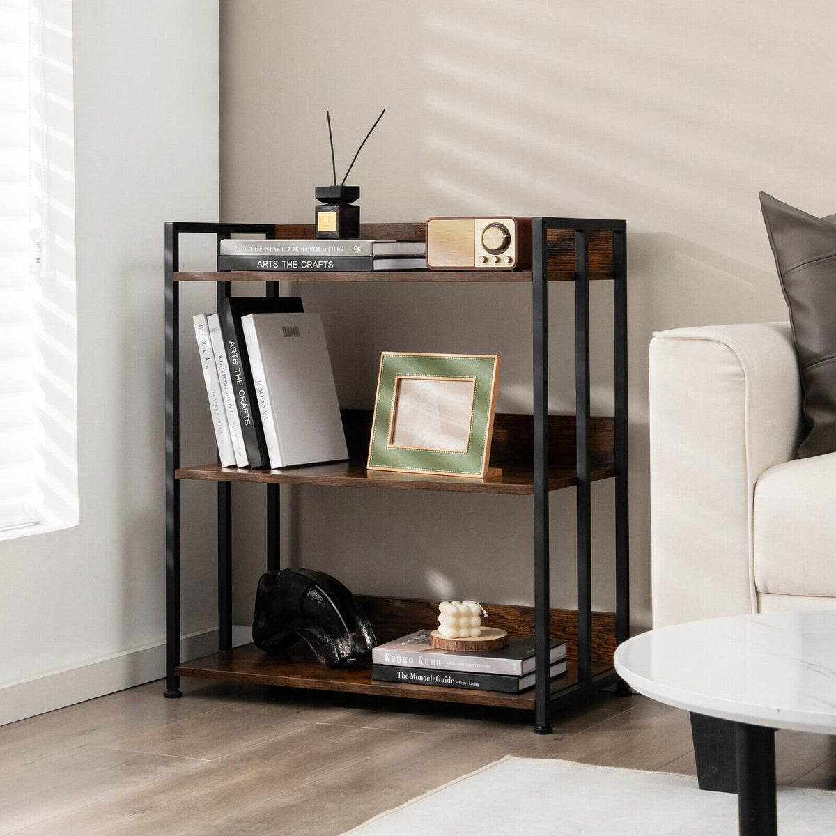 3/5-Tier Industrial Bookshelf Storage Shelf Display Rack with Adjustable Shelves-3-Tier view 2