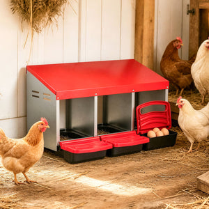 3-Compartment Roll Away Chicken Nesting Box for Egg Collection with Removable Trays and Landing Steps-Red view 2