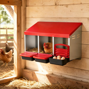 3-Compartment Roll Away Chicken Nesting Box for Egg Collection with Removable Trays and Landing Steps-Red view 3